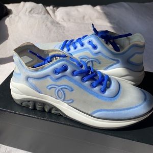 Chanel Mesh Lycra Womens Logo Sneakers 41 White Blue